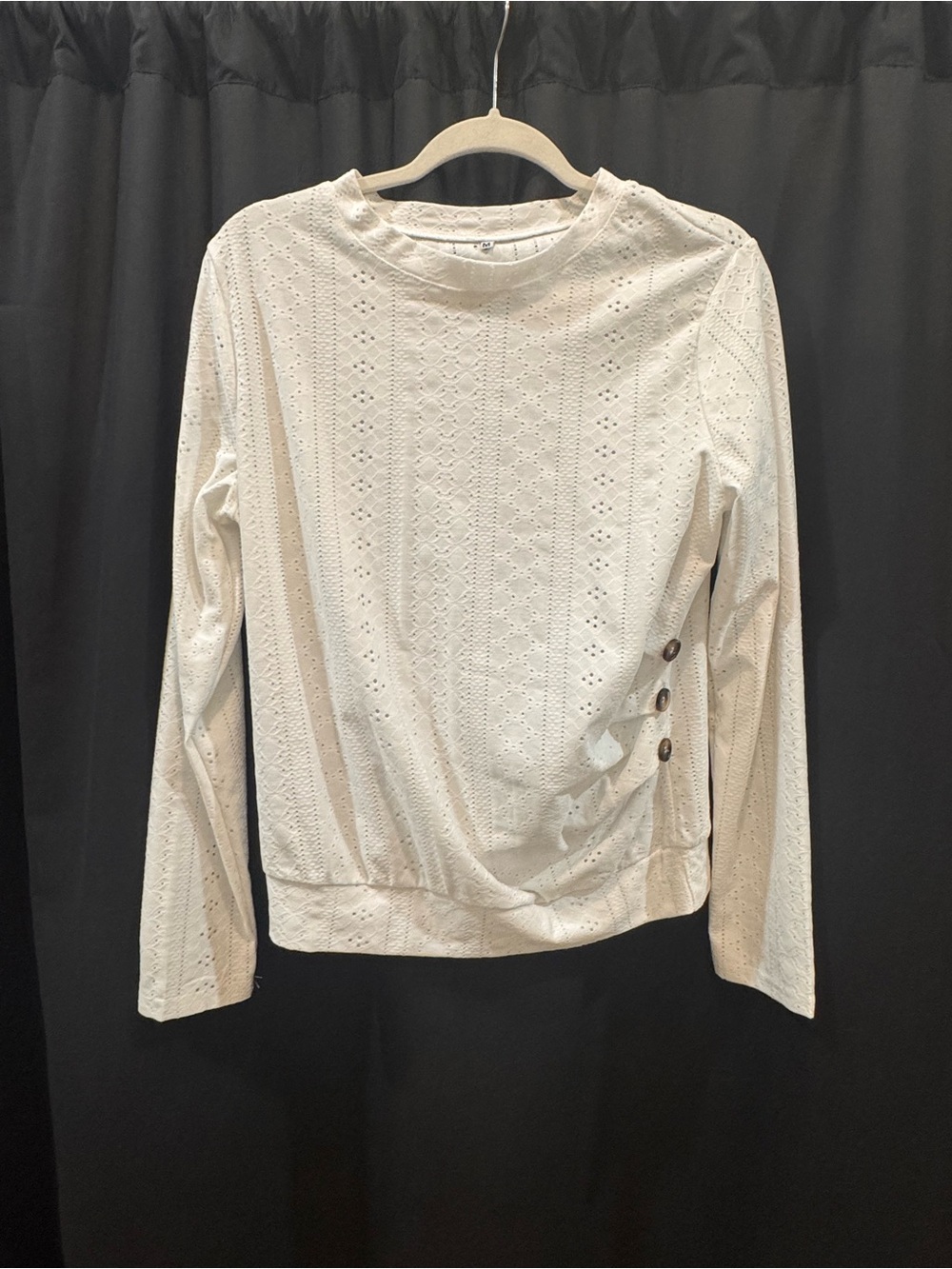 White Eyelet Long-Sleeve Top with Side Button Detail